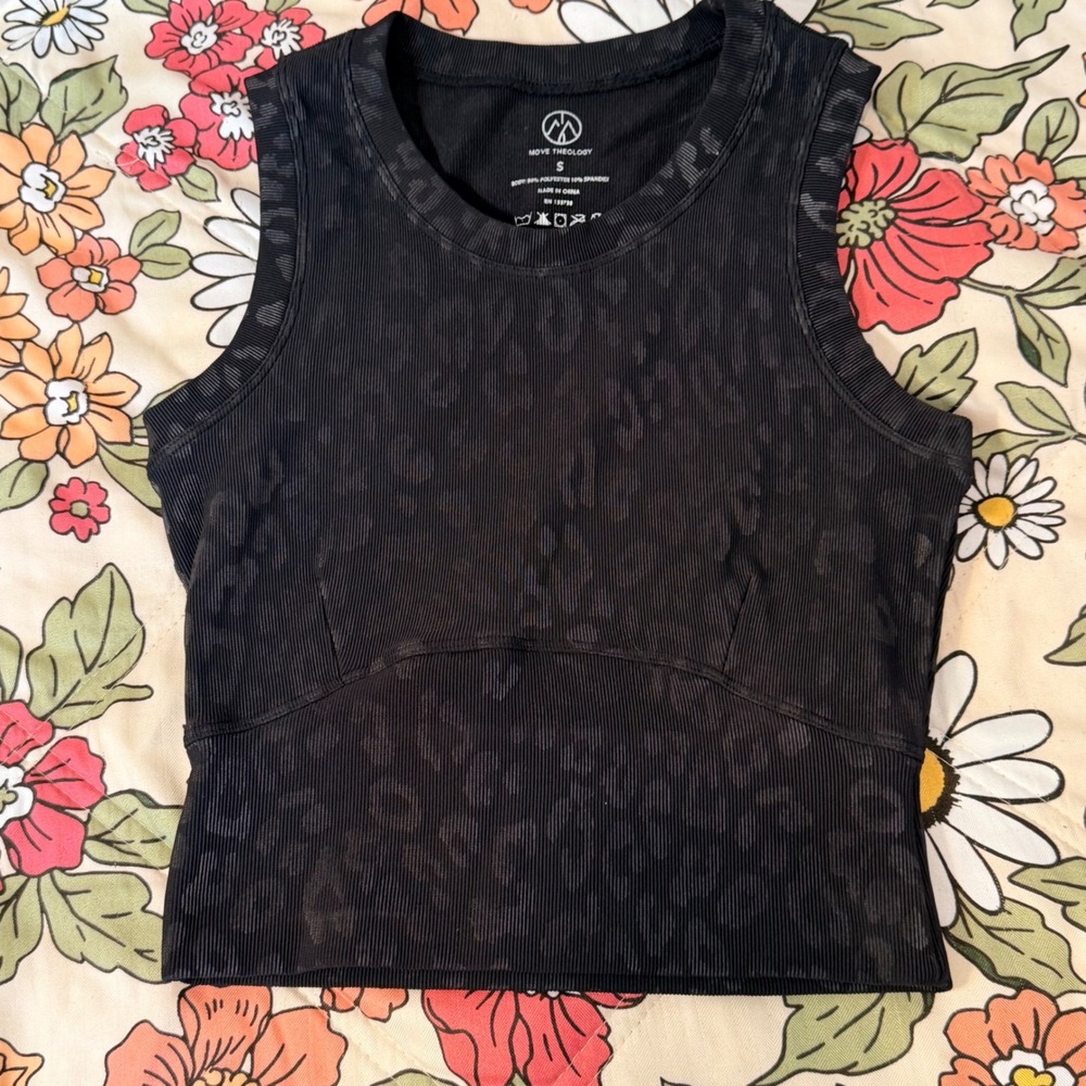Move Theology Tank Top Womens Small Black Ribbed Leopard Crop Athletic
